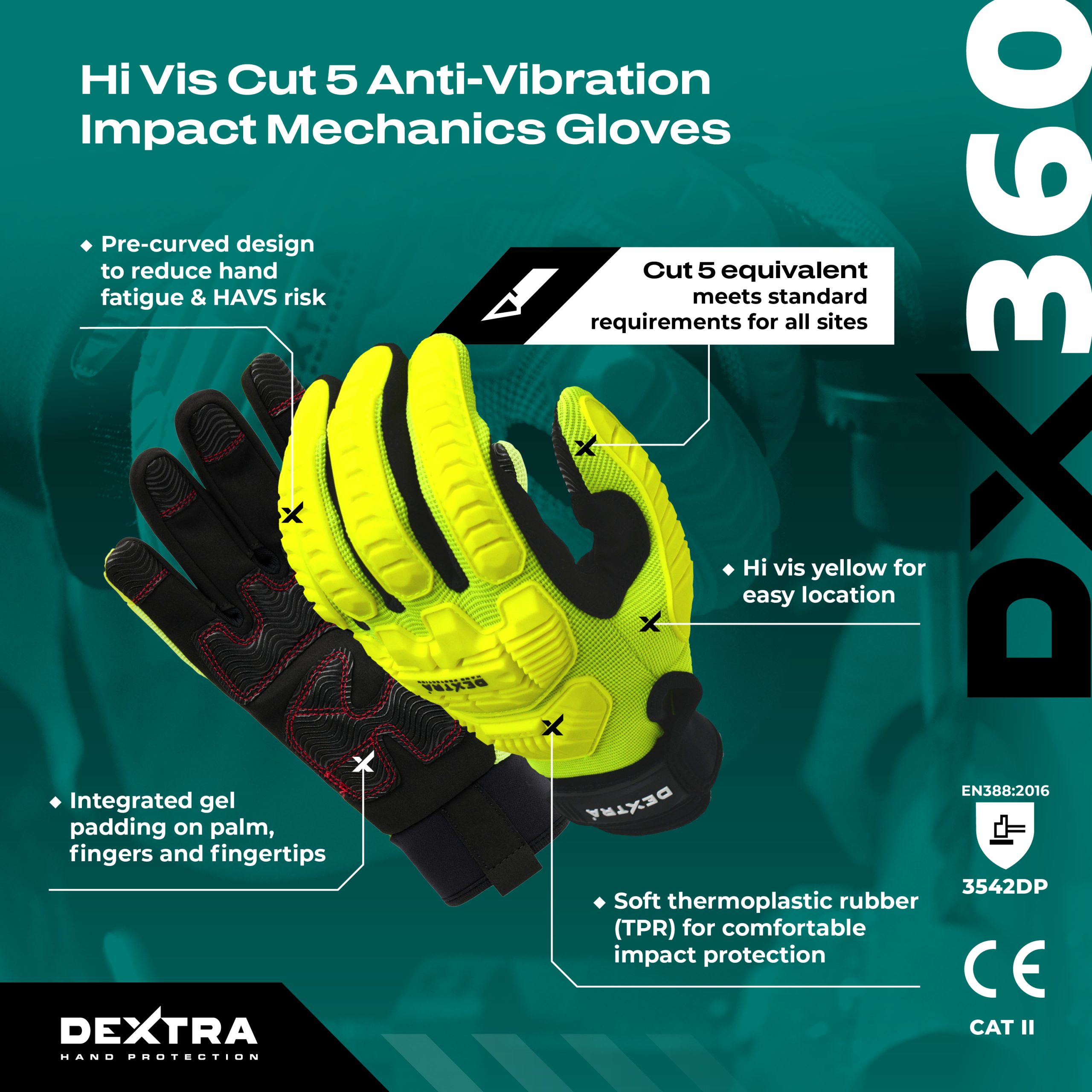 DX360 - Hi Vis Cut 5 Anti-Vibration Impact Mechanics Gloves - Image 4